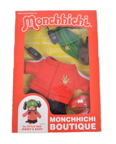 Monchichi conjunto de ropa abrigo rojo con diadema verde