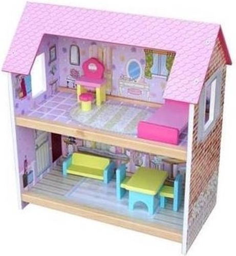 Casa de muñecas de madera Playwood de 2 plantas; incluye 7 muebles